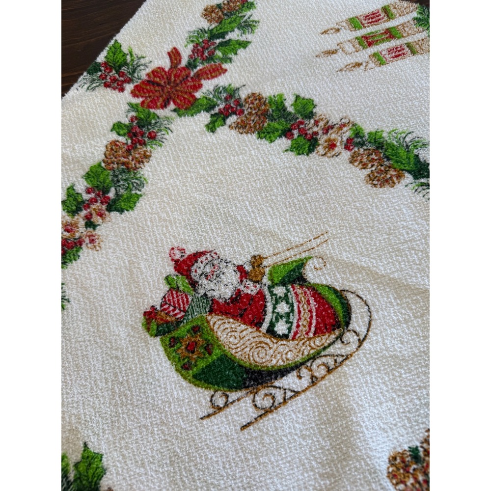 Vintage Christmas Tree Skirt 46 Inch Round Santa Sleigh Fringe Trim Woven White - Picture 5 of 9
